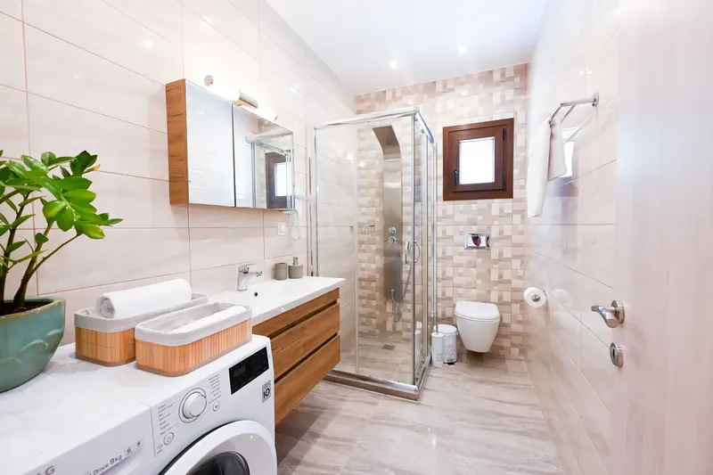 A bathroom with twin basins