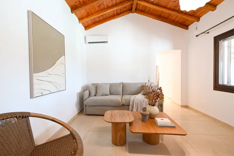 The living room sofa and low table