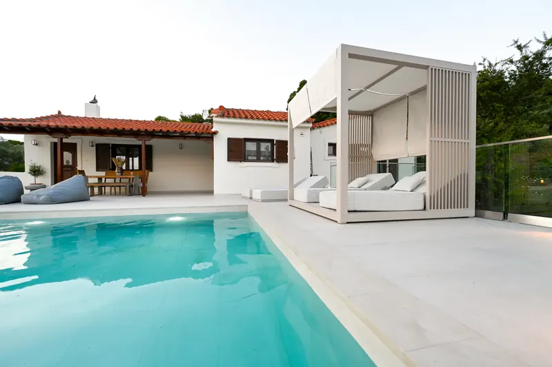 The pool and the shaded cabana